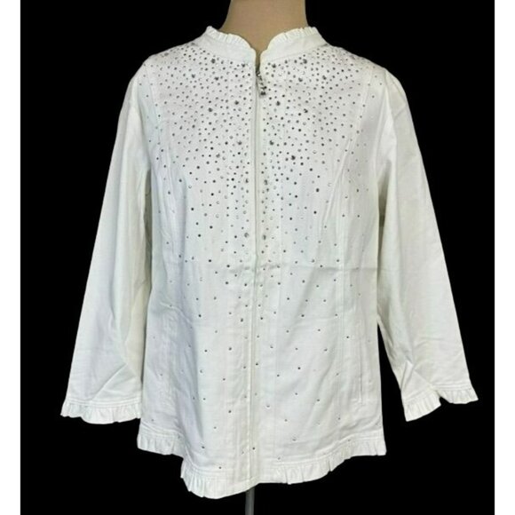 Quacker Factory Large White Embellished Jacket With Rhinestones & Ruffle Collar - Picture 1 of 15